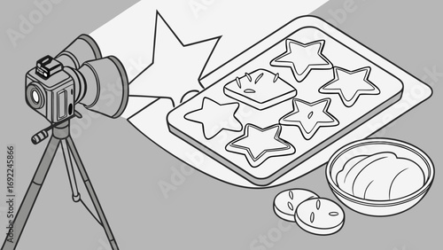 Food photography setup with camera star-shaped cookies and dough.