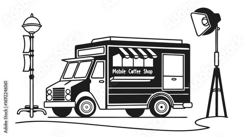 Mobile Coffee Shop Truck Food Truck Illustration Black and White Design Vintage Style Cafe Van Street Food Vendor Graphic Simple Food Truck Art Coffee Shop on Wheels Vector Illustration R.