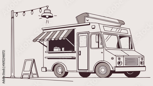Food Truck Illustration Street Food Vendor Mobile Kitchen A-Frame Sign Night Market Menu Board Striped Awning Urban Food Scene.