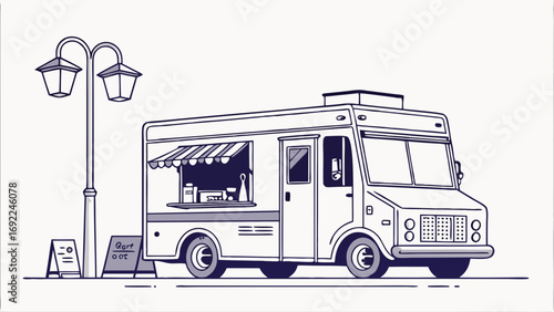 Food Truck Illustration Street Food Van Mobile Kitchen Design Vintage Vehicle Graphic Line Art Simple Style Menu Board Street Lamp A-frame Sign Take Away Catering Restaurant on Wheels.