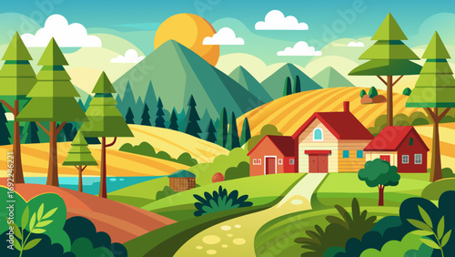 Vector art of scenic countryside landscape with houses, trees, fields, and mountains view