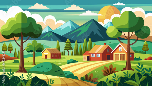 Vector art of beautiful rural landscape with farm houses and mountains in the background