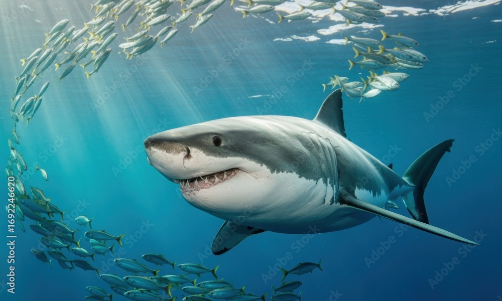Fototapeta premium Great white shark surrounded by a school of fish, sunbeams underwater