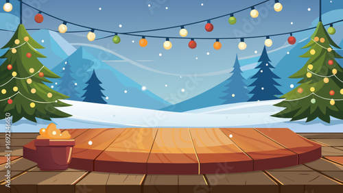 Vector art of winter wonderland scene with wooden stage and christmas trees background
