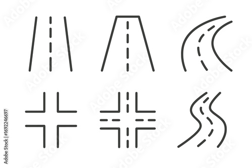 Set of minimalist road icon designs with various patterns and angles