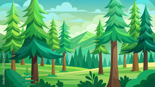 Vector art of scenic forest landscape with lush green trees and gentle hills in the distance