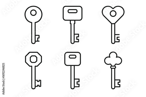 Set of six distinct outline key designs in various shapes