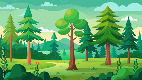 Vector art of cartoon forest landscape with fir and deciduous trees on a green meadow