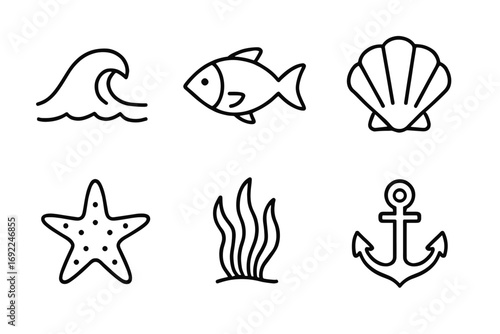Simple ocean icons: wave, fish, shell, star, seaweed, anchor