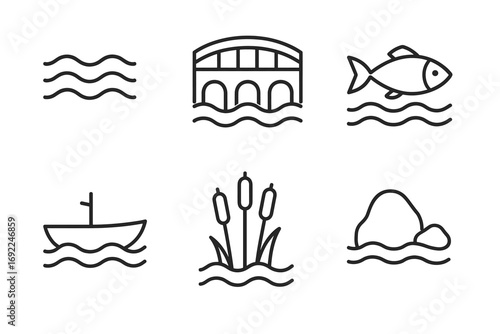 River icon set: waves, bridge, fish, boat, reeds, rocks