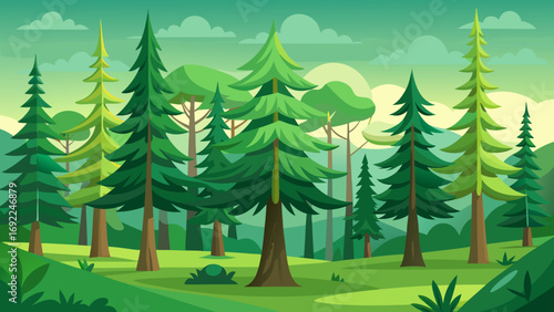 Vector art of cartoon forest landscape with fir and deciduous trees on a green meadow