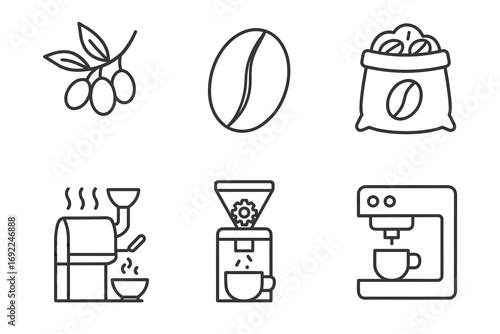 Coffee icon set: beans, grinder, roaster, espresso machine, brewing tools