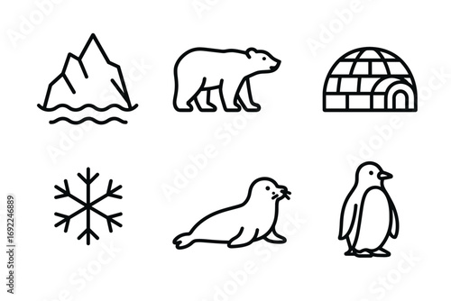 Arctic icons: mountain, bear, igloo, snowflake, seal, penguin