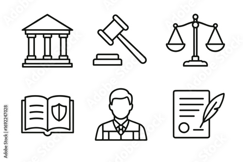 Law icon set: gavel, scales, courthouse, legal documents, lawyer, justice symbols