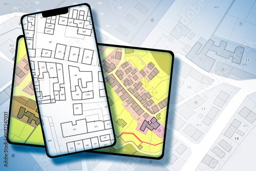 IMAGINARY CADASTRAL MAP AND GENERAL URBAN PLANNING DOCUMENTATION ON DIGITAL DEVICE - Zoning regulations, buildable areas with zoning districts, urban destinations, land use, and land plots