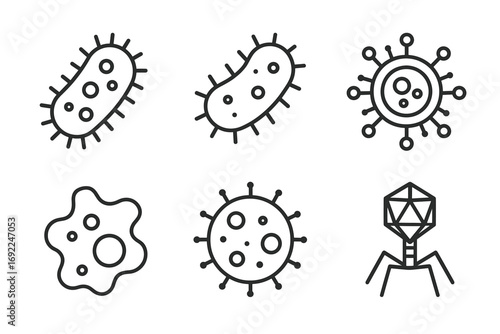 Set of simple line drawings of various bacteria and viruses