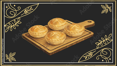 Four Golden Brown Mini Pies on Wooden Board Delicious Pastry Illustration Bakery Menu Design.