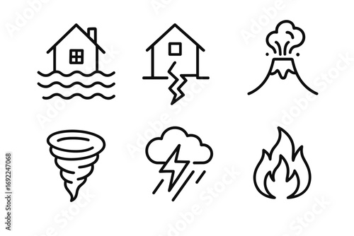 Natural disaster icons set: flood, earthquake, volcano, tornado, thunderstorm, fire