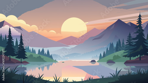 Vector art of mountain landscape with lake and sunset in pastel colors, nature background