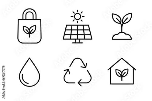 Eco-friendly symbols: recycle, solar energy, sustainability icons for environmental awareness