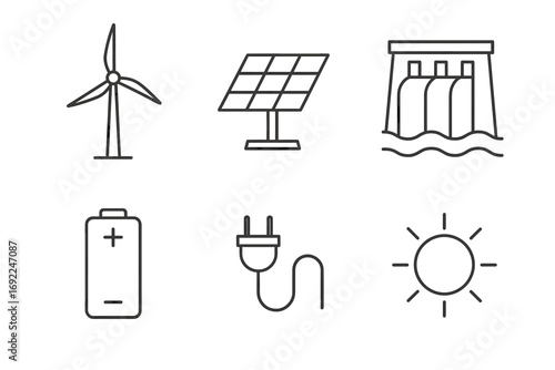 Renewable energy icons set featuring wind turbine, solar panel, hydropower, battery, plug, sun
