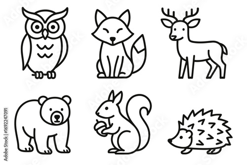 Cute forest animal outlines featuring owl, fox, deer, bear, squirrel, hedgehog