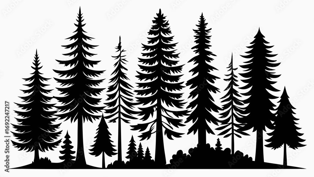 Obraz premium A striking black silhouette of a dense forest with various evergreen trees against a white background