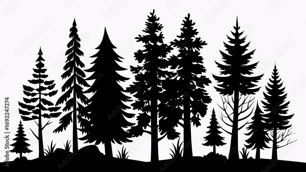 Obraz premium A collection of diverse evergreen trees silhouetted against a white background with a grassy foreground