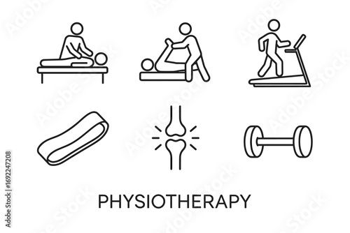 Physiotherapy icons: exercise, massage, rehabilitation equipment for joint health
