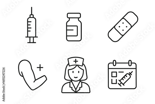Medical icons featuring syringe vaccine bandage and nurse with calendar