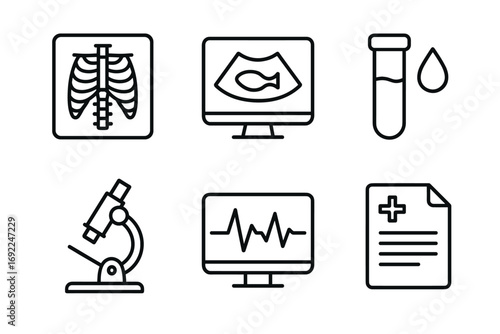 Medical icons set: x-ray, ultrasound, test tube, microscope, heart monitor, medical report