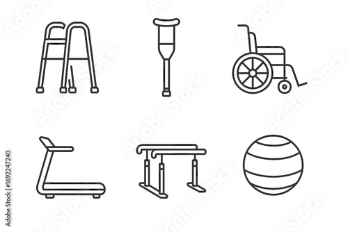 Set of physical therapy and mobility equipment icons: walker, crutch, wheelchair, treadmill, parallel bars, exercise ball