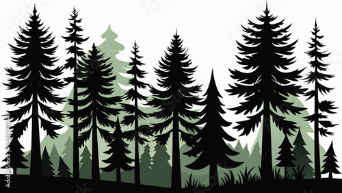 Silhouetted evergreen trees in a dense forest with layered green foliage and white background