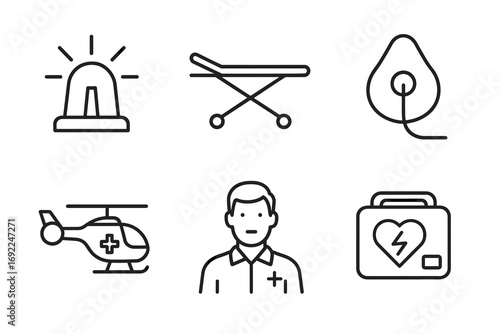 Emergency medical icons: ambulance, stretcher, defibrillator, helicopter, emergency, male doctor