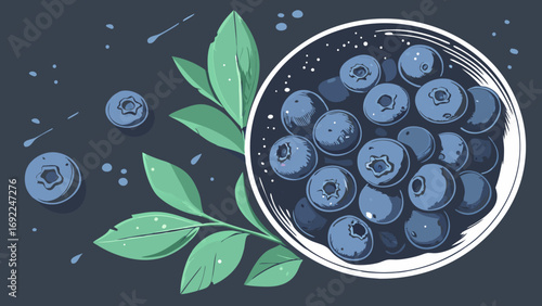 Fresh Blueberries in Bowl Top View with Leaves and Dark Background.
