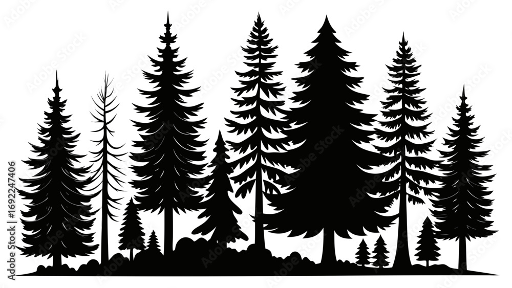 Obraz premium Silhouette of a dense evergreen forest with varied pine trees against a white background