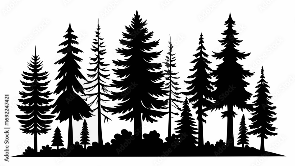 Fototapeta premium A diverse collection of evergreen trees and bushes in a stark black silhouette against a white background