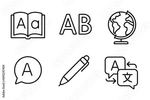 Icons of language learning and translation concepts in black and white