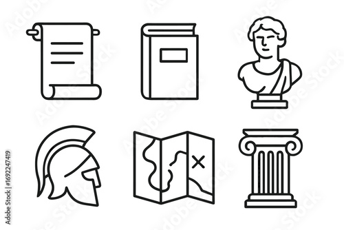 Ancient history icons: scroll, book, bust, helmet, map, column