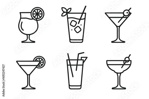 Minimalist icons of various cocktails with glasses and garnishes