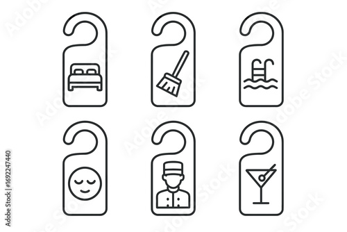 Minimalist door hanger icons: bed, cleaning, pool, relaxation, bellhop, cocktail
