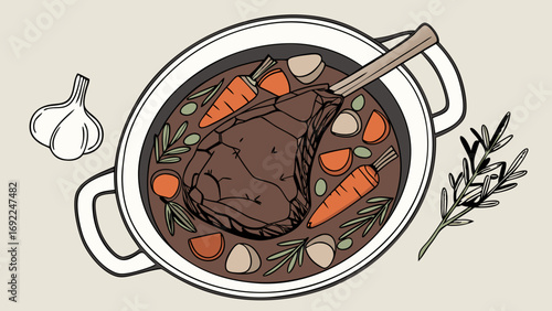 Overhead view of a pot of stew with meat carrots and herbs.