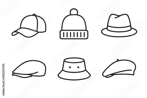 Collection of different hat styles: baseball cap, beanie, fedora, flat cap, bucket, beret