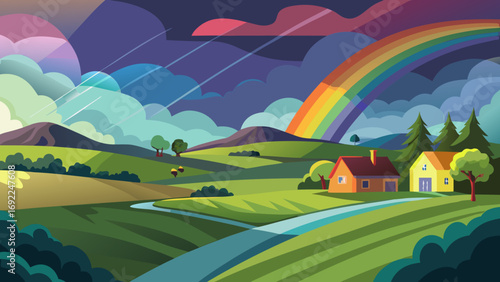 Vibrant countryside landscape with rolling green hills a winding river and a rainbow after a storm