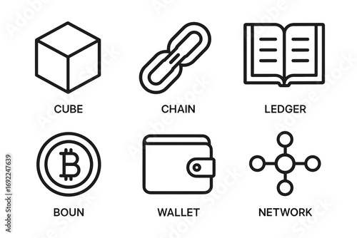 Blockchain icon set: cube, chain, ledger, bitcoin, wallet, network connections