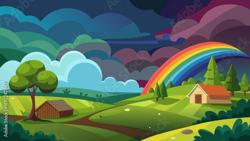 Vibrant cartoon landscape with rolling green hills a rainbow and quaint houses under dramatic skies