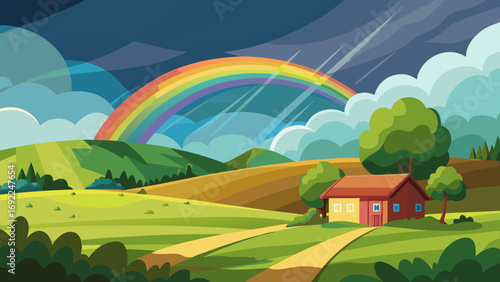 Vibrant cartoon landscape with a rainbow arching over rolling hills and a cozy house