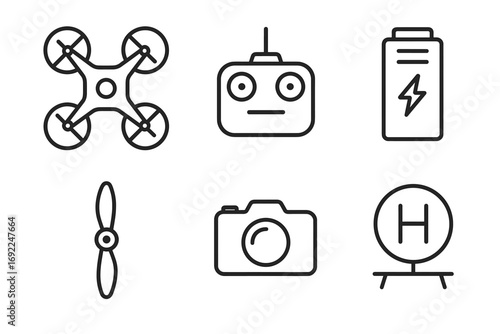 Drone equipment icons: propeller, controller, battery, camera, helipad