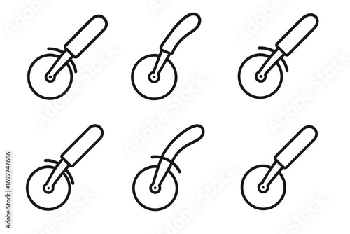Set of six pizza cutter icons with varied handle designs