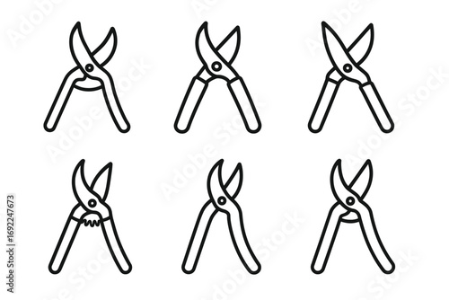 Variety of pruning shears line drawings: garden scissors and hand tool collection